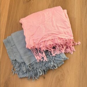 Two Pink and Blue Pashmina Silk Blend Fringed tassel Scarves